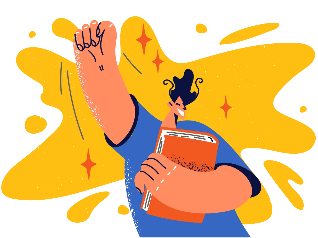 Illustration of a person raising a fist in celebration while holding a book