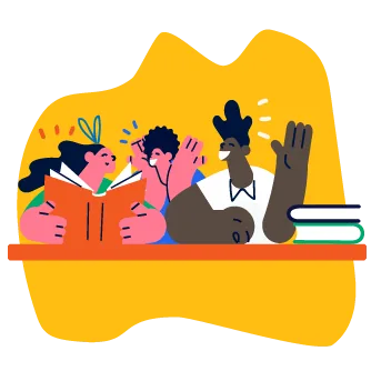 Illustration of a group of people reading a book together beside a stack of books