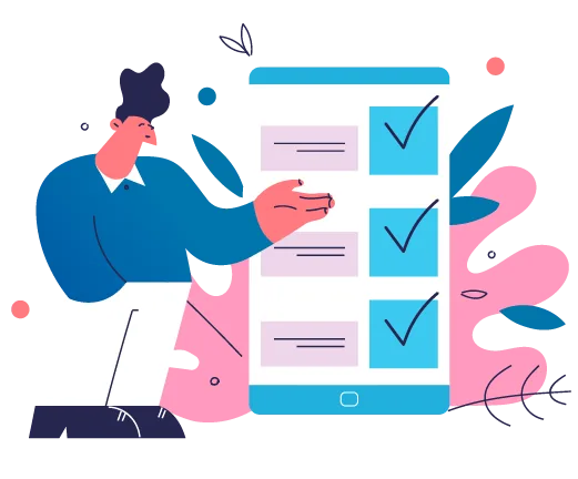 Illustration of a person checking items off a list on a large screen
