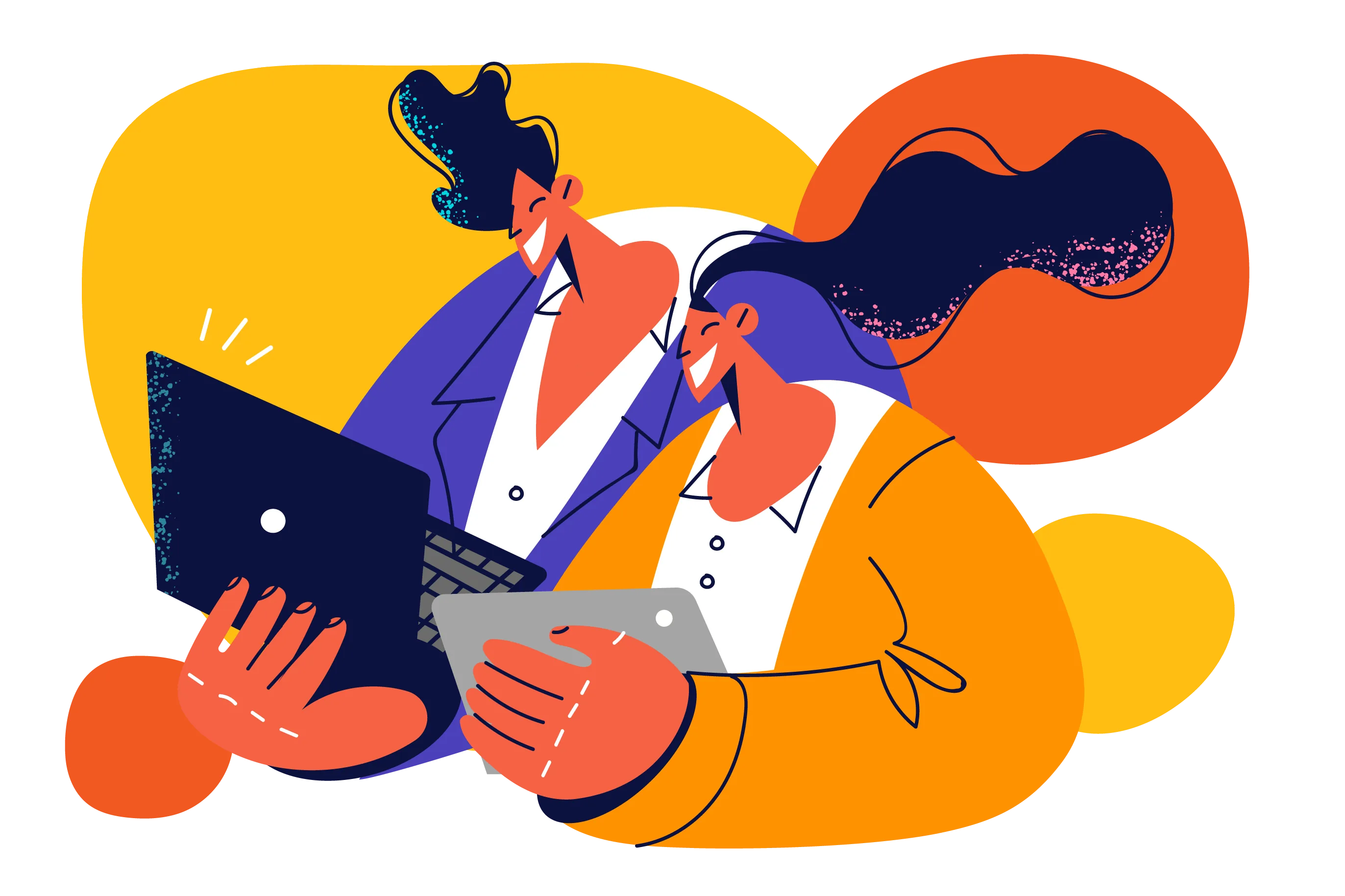 Illustration of two smiling professionals working on a laptop and a tablet